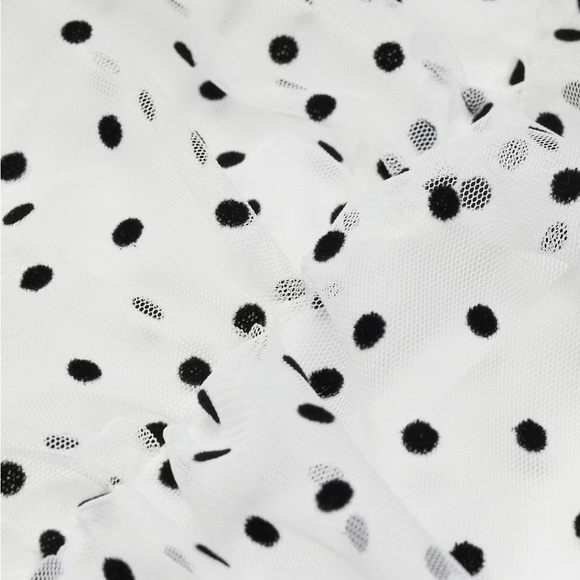 White Polka Dot Draped Tulle Dress with Puff Sleeves - Picture 3 of 5